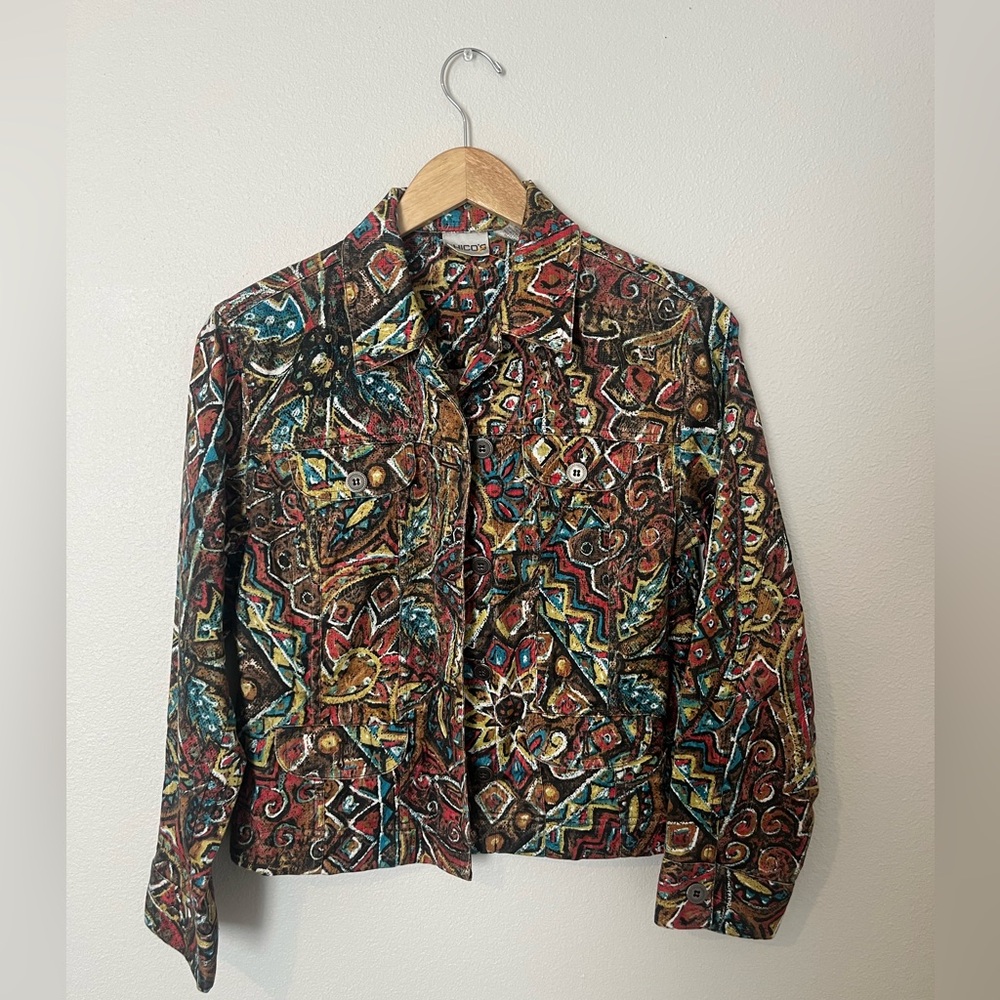 Chicos Jacket Size 1 or Medium A
to Wear Jean Jacket Style Abstract
Red Blue
